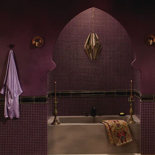 deep purple monochromatic tile in bathroom